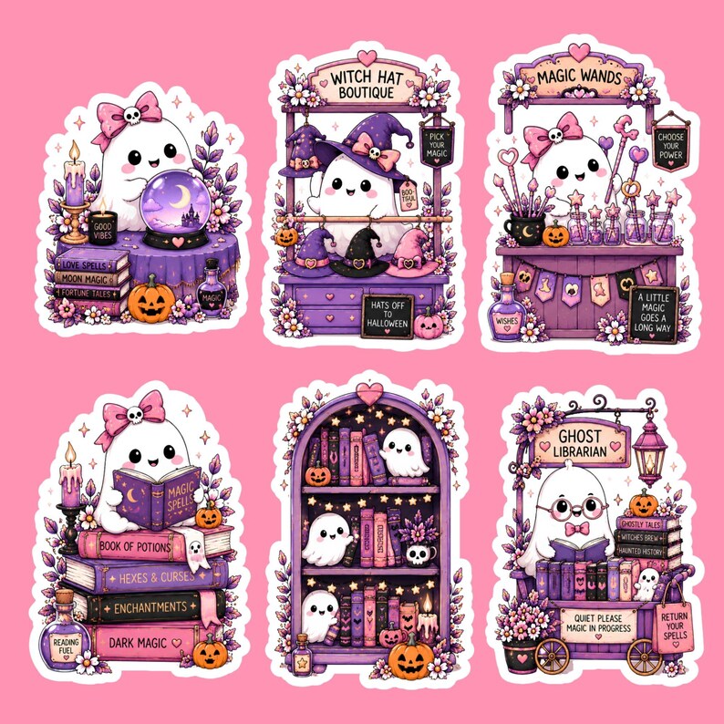 May include: A set of six die-cut stickers featuring cute ghosts in purple and pink settings. Scenes include a ghost with a crystal ball, a witch hat boutique, a magic wand shop, a ghost reading books, a ghost library shelf, and a ghost librarian.