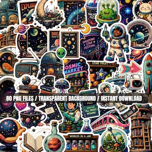 May include: A collection of space-themed stickers featuring astronauts, planets, rockets, cosmic markets, and celestial objects. The set includes various illustrations of stars, galaxies, and science fiction elements with vibrant colors and detailed designs.