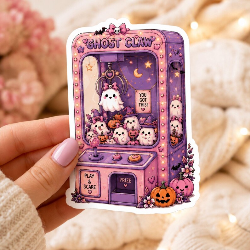 May include: A die-cut sticker of a purple and pink claw machine labeled GHOST CLAW. The machine contains white ghost figures, small pumpkins, and a sign reading YOU GOT THIS. The control panel features a joystick and buttons labeled PLAY & SCARE.
