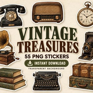 May include: A collection of 55 digital stickers featuring vintage items including a black rotary phone, a brown radio, a pocket watch, a gramophone, a folding camera, a stack of three books, a black typewriter, and two stacked travel suitcases.