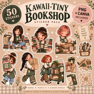 Puede incluir: Un paquete de pegatinas digitales titulado Kawaii Tiny Bookshop con 50 ilustraciones de personajes con libros, paquetes de regalo, marcapáginas y un carrito de libros. Incluye archivos PNG y Canva en una paleta de colores cálidos.