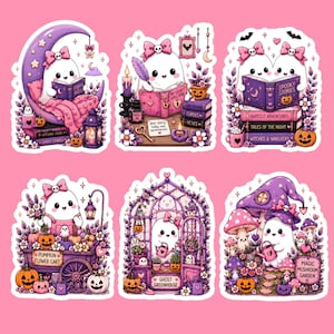 May include: A set of six die-cut stickers featuring white ghosts in various scenes. The designs include a ghost on a crescent moon, writing in a spellbook, reading with a friend, pushing a pumpkin cart, in a greenhouse, and in a mushroom garden.