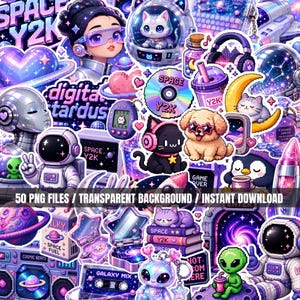 May include: A collection of 50 digital stickers featuring Y2K space-themed illustrations including astronauts, pixelated aliens, cats in helmets, robots, planets, cassette tapes, and retro gaming consoles in vibrant shades of purple, blue, and pink.