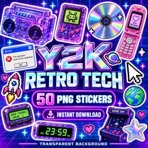 May include: A collection of 50 digital stickers featuring Y2K retro tech icons including a translucent purple boombox, handheld game console, flip phone, CD, arcade cabinet, and digital clock, with text reading Y2K RETRO TECH 50 PNG STICKERS.