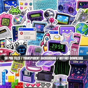 Pode incluir: Uma coleção de 50 adesivos digitais com ícones de tecnologia e jogos retrô dos anos 90, incluindo um telefone roxo transparente, um console portátil, um boombox, um disquete e um foguete pixelizado.