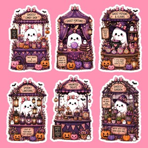 May include: Six purple-themed Halloween stickers featuring cute ghosts in various shops. The stalls are labeled Ghostly Candy Shop, Ghost Fortunes, Ghost Potions & Elixirs, Spooky Lanterns, Haunted Treats, and Ghostly Garden, all decorated with pumpkins.