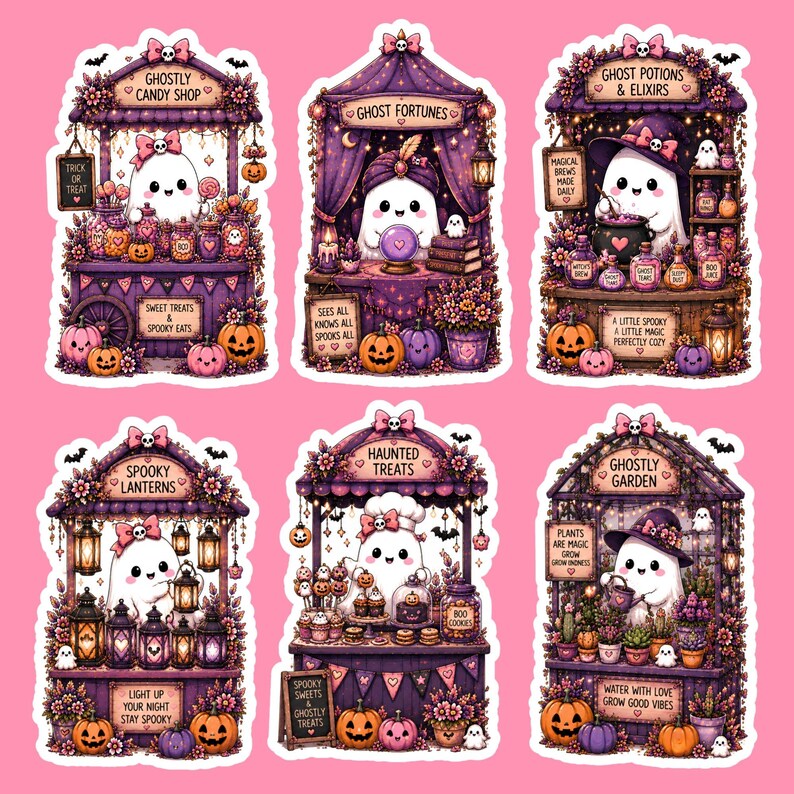 May include: Six purple-themed Halloween stickers featuring cute ghosts in various shops. The stalls are labeled Ghostly Candy Shop, Ghost Fortunes, Ghost Potions & Elixirs, Spooky Lanterns, Haunted Treats, and Ghostly Garden, all decorated with pumpkins.