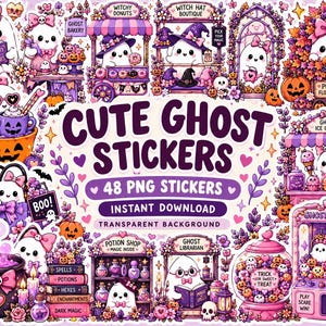 May include: A collection of 48 digital stickers featuring cute ghosts in various Halloween-themed settings, including a potion shop, a pumpkin flower cart, a ghost claw machine, and a bakery, all rendered in a purple, pink, and orange color palette.