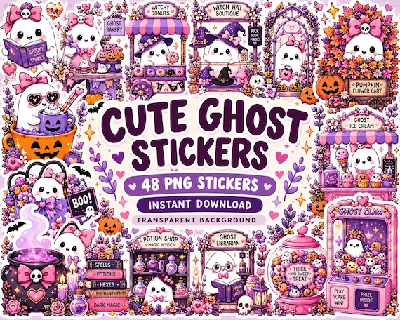 Kawaii Ghost Halloween PNG Bundle, Pink Spooky Witchy Clipart (Digital Download)