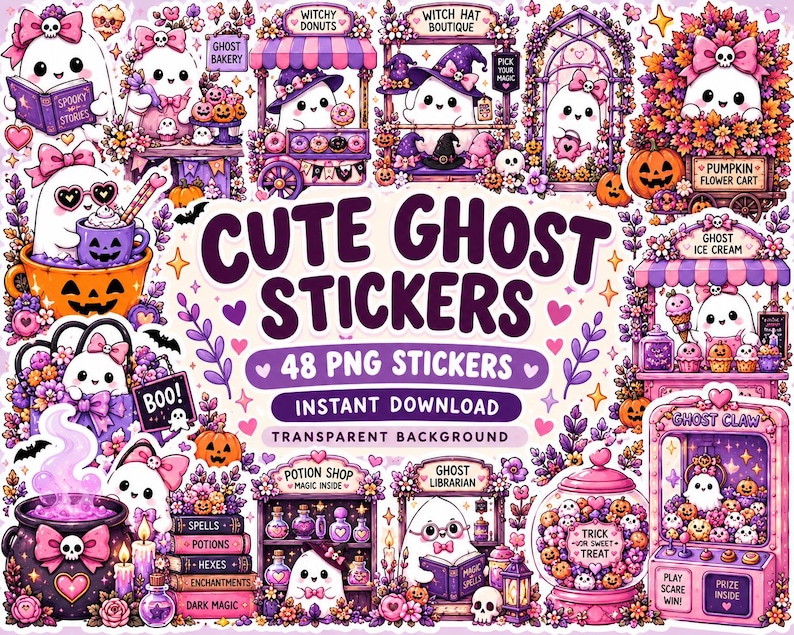 May include: A collection of 48 digital stickers featuring cute ghosts in various Halloween-themed settings, including a potion shop, a pumpkin flower cart, a ghost claw machine, and a bakery, all rendered in a purple, pink, and orange color palette.