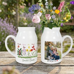 Personalisierte Geburtsblumen- und Foto-Keramikvase: Benutzerdefinierte Oma-Garten-Krug, Muttertag
