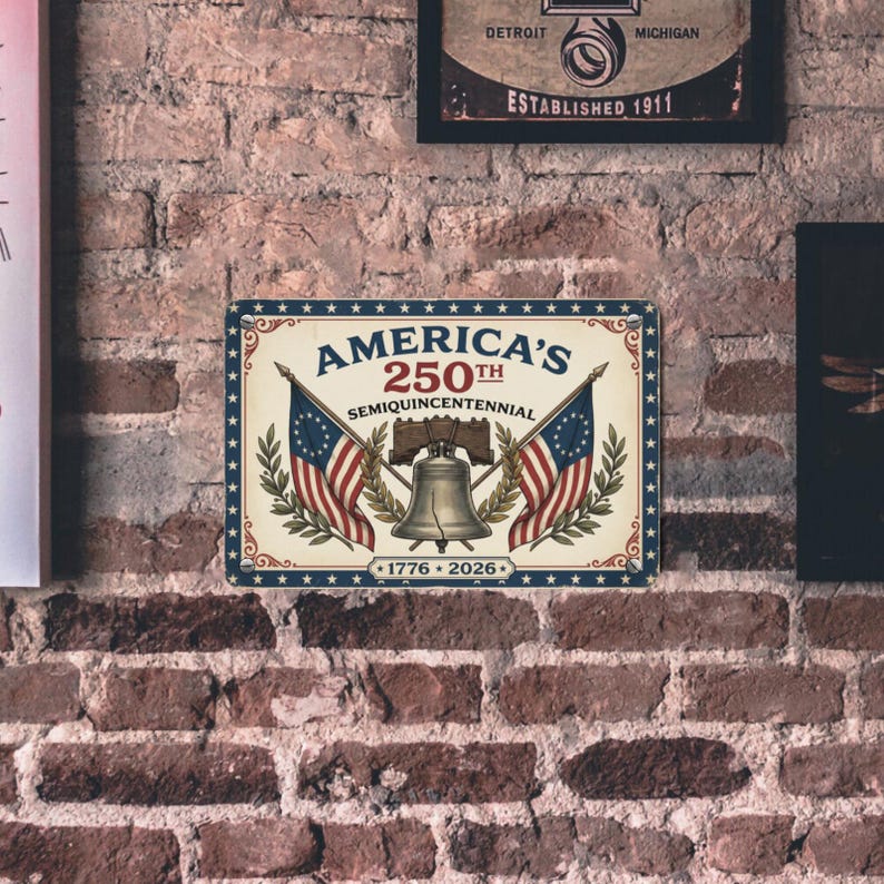 May include: A rectangular metal sign commemorating America's 250th anniversary. The sign features the text "America's 250th Semiquincentennial" with the years 1776-2026. It includes illustrations of the Liberty Bell and American flags.