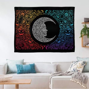 Rainbow Halloween Moon Tapestry | Gothic Celestial Wall Hanging | Spooky Decor with Pumpkins, Bats & Crescent Face for Halloween