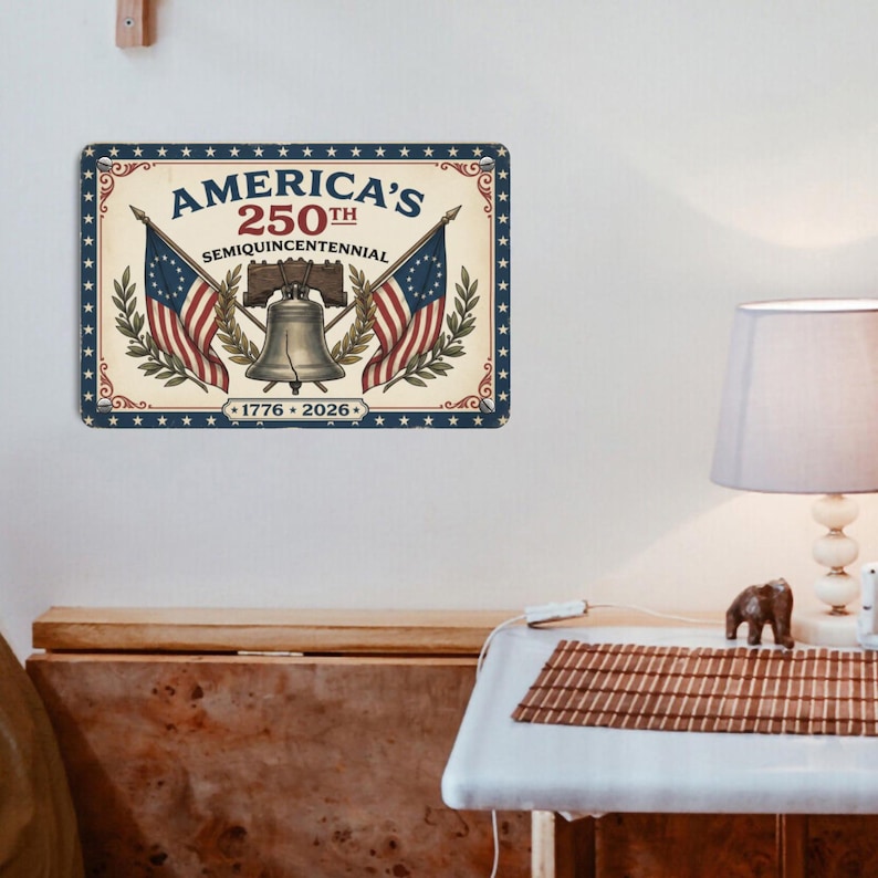 May include: A rectangular metal sign with a patriotic theme. The sign features the text "America's 250th Semiquincentennial" with the years 1776-2026. It includes illustrations of American flags, the Liberty Bell, and laurel branches, all framed by a blue border.