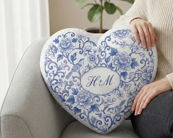 Personalized Chinoiserie Heart Pillow: Custom Monogram, Blue & White Floral Plush