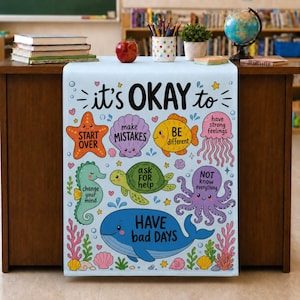 Op de afbeelding: Een lichtblauwe educatieve poster met getekende zeedieren en de tekst it's OKAY to start over, make mistakes, be different, have strong feelings, change your mind, ask for help, not know everything en have bad days.