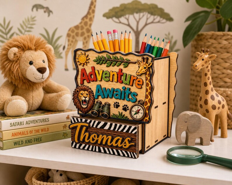 May include: A wooden desk organiser with the words "Adventure Awaits" and the name "Thomas". The organiser features a lion, giraffe, compass, and binoculars design. Pencils are inside the organiser. A stuffed lion, giraffe figurine, and books are also present.