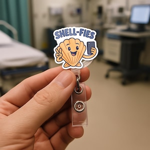 Funny Shell Badge Reel - Cute Shell-fies Ocean ID Holder, Beach Lover Work Badge Clip, Sea Life Pun Gift for Nurses, Teachers & Staff