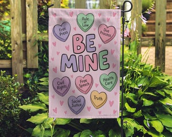 Social Justice Candy Heart Garden Flag: Progressive Democracy & Civil Rights Yard Decor