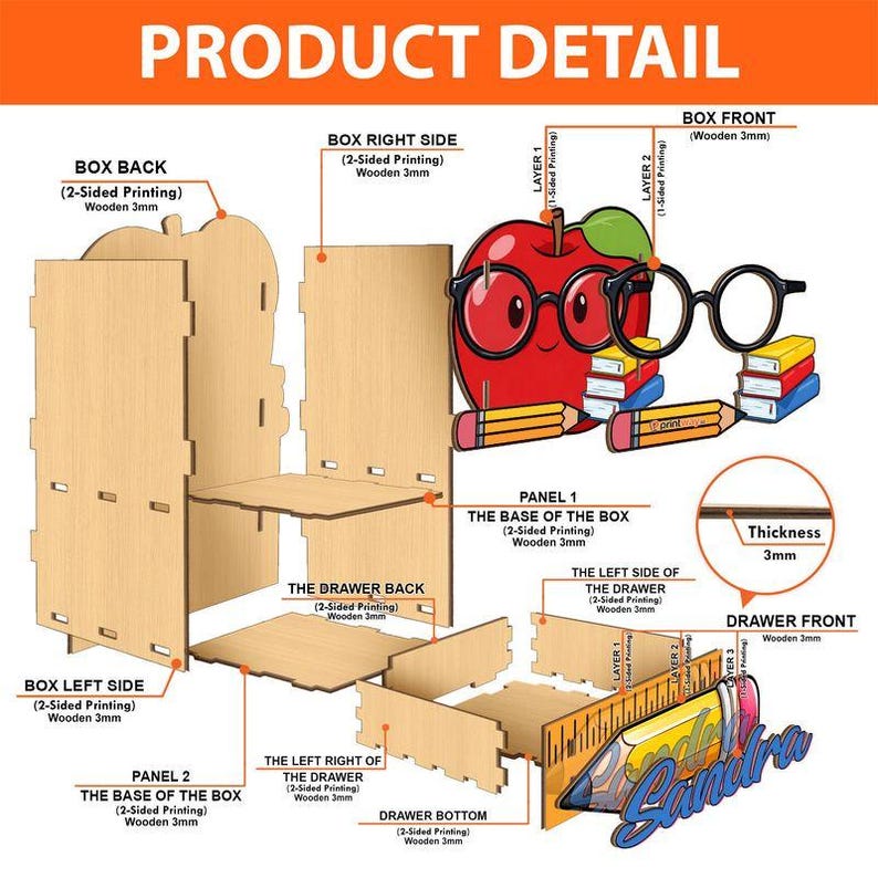 May include: A detailed diagram of a wooden desk organiser, featuring an apple and pencil design. The organiser is constructed from interlocking wooden panels, including the box back, sides, and drawer components. Text labels identify each part.