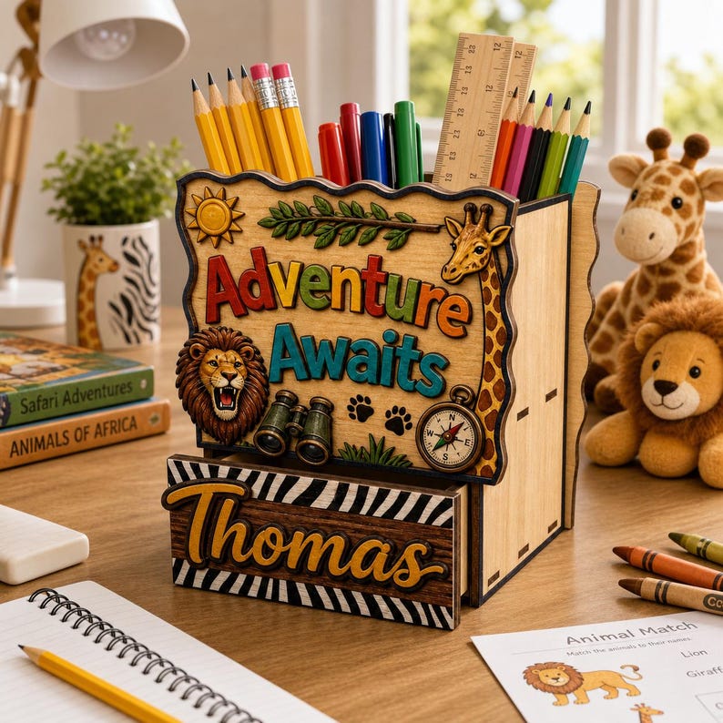 May include: A wooden desk tidy with the text "Adventure Awaits" and "Thomas". It features a lion, giraffe, binoculars, compass, and paw prints. The organiser holds pencils, pens, and a ruler. A giraffe and lion soft toy are in the background.