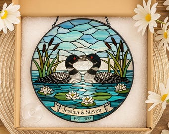 Personalized Loon Couple Glass Suncatcher: Lake Wedding Anniversary Window Decor