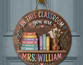 Personalized Wooden Sign: Custom Teacher Plaque Music Classroom Door Hanger
