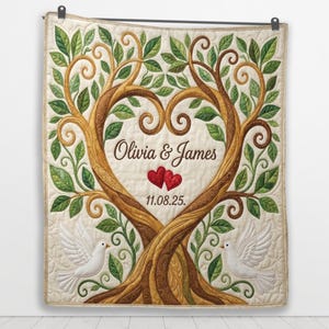 May include: A quilted wall hanging featuring a tree design with a heart-shaped center. The tree has brown trunks and branches, green leaves, and two white doves. The names "Olivia & James" and a date are embroidered on the quilt.