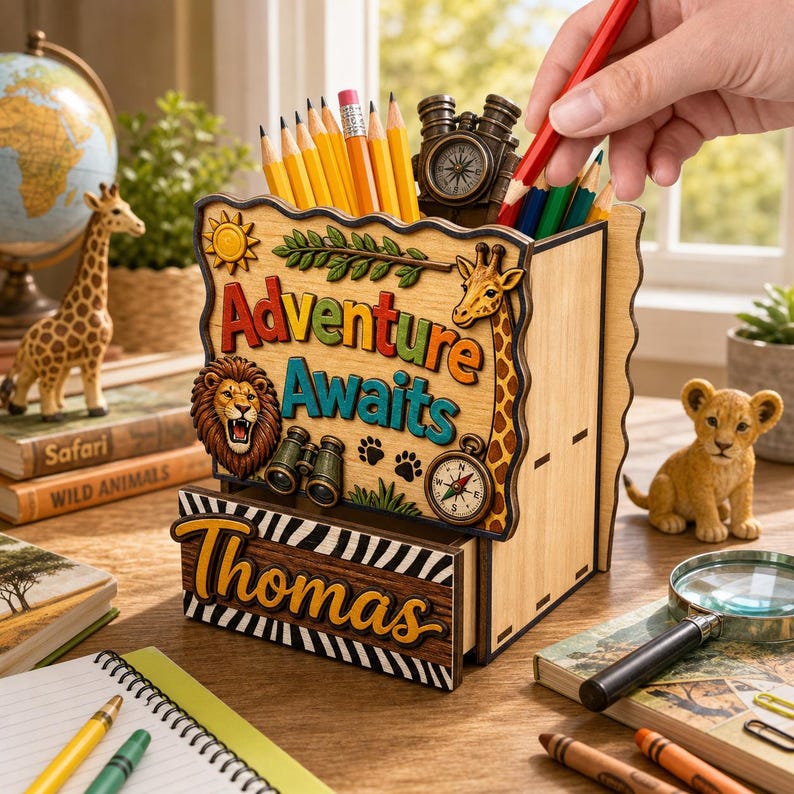 May include: A wooden desk organiser with the words "Adventure Awaits" and the name "Thomas". The organiser features a lion, giraffe, compass, and binoculars. Pencils and a compass are in the organiser. A small lion figurine is nearby.