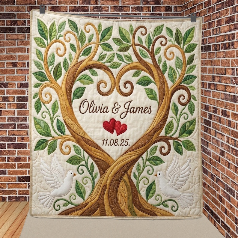 May include: A cream-colored quilt featuring a tree design with a heart-shaped center. The tree has brown trunks, green leaves, and the names "Olivia & James" with the date "11.08.25." Two white doves are on the bottom.