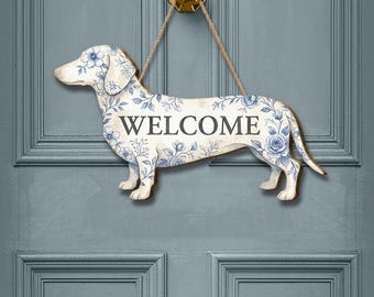 Chinoiserie Dachshund Wooden Welcome Sign: Blue Floral Dog Front Door Hanger