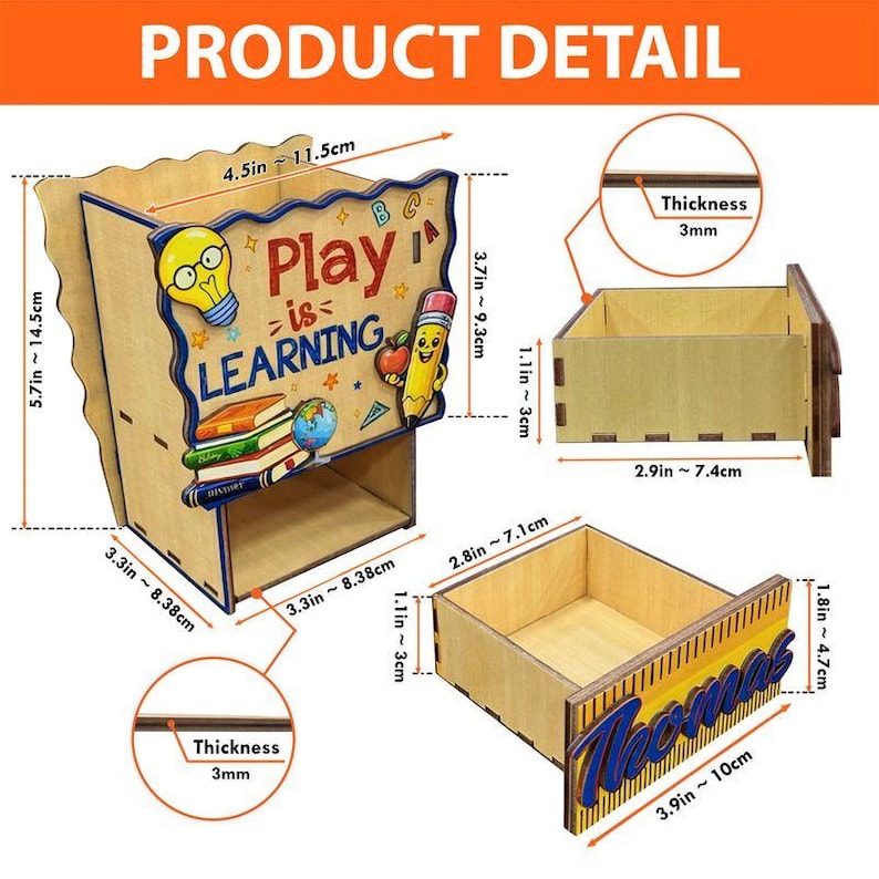 May include: Wooden desk organiser with the text "Play is Learning" and a drawer with the name "Thomas". The organiser features a light bulb, pencil, apple, books, and globe. Dimensions are 11.5cm x 14.5cm x 8.38cm.