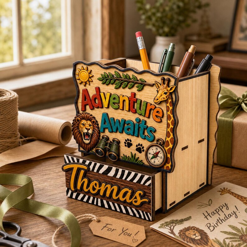May include: Wooden desk tidy with the words "Adventure Awaits" and "Thomas" engraved. Features a lion, giraffe, compass, binoculars, and paw prints. Includes a drawer and slots for pens and pencils.