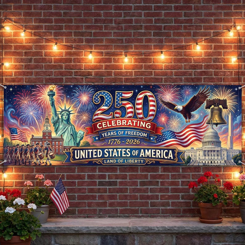 May include: A banner celebrating 250 years of freedom in the United States of America. The banner features the Statue of Liberty, an American flag, fireworks, and the text "Celebrating 250 Years of Freedom 1776-2026".