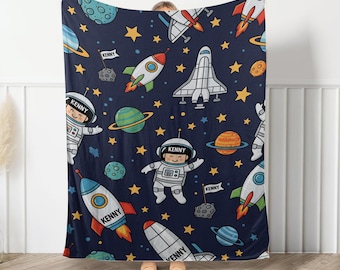 Personalized Outer Space Blanket: Custom Name Astronaut Rocket Throw