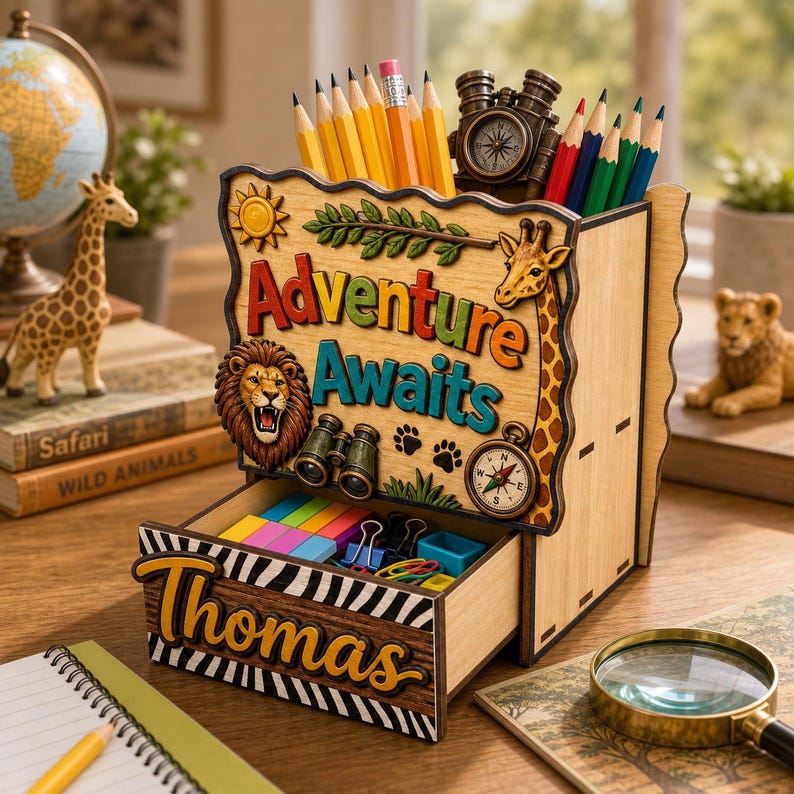 May include: A wooden desk organiser with the words "Adventure Awaits" and a drawer labelled "Thomas". The organiser features a lion, giraffe, compass, and binoculars. Pencils and a small compass are inside.