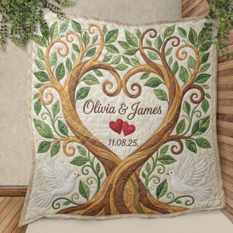May include: A quilted throw pillow featuring a tree design with a heart-shaped canopy. The names "Olivia & James" and the date "11.08.25" are embroidered on the pillow. Two white doves are on the bottom corners.