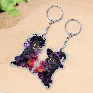 Spooky Gothic Couple Keychain: Halloween Ghost Witch Pumpkin Heart