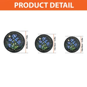 May include: Three round decorative items with a floral design and the text "A BEAUTIFUL SOUL IS NEVER FORGOTTEN". The largest is 7.8 inches in diameter, the medium is 5.9 inches, and the smallest is 3.9 inches.