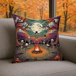 Halloween Skeleton Dance Pillow – Gothic Spooky Skeletons Around Fire – Halloween Decor for Couch or Bedroom – Square Throw Pillow
