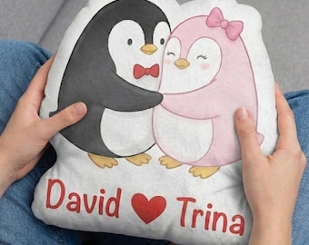 Personalized Penguin Couple Shaped Pillow: Custom Names, Soft Plush Valentine Gift