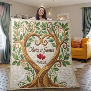 May include: A beige quilt featuring a tree design with a heart-shaped center. The tree has brown trunks and green leaves, with the names "Olivia & James" and the date "11.08.25" embroidered on it. Two white doves are at the bottom.