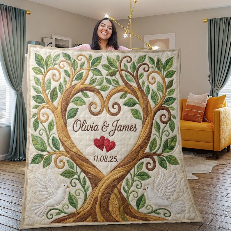 May include: A beige quilt featuring a tree design with a heart-shaped center. The tree has brown trunks and green leaves, with the names "Olivia & James" and the date "11.08.25" embroidered on it. Two white doves are at the bottom.