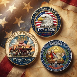 以下が含まれることがあります： アメリカ独立250周年を記念した3つの記念コイン。コインには、ワシ、歴史上の人物、星条旗など、愛国的なデザインが施されています。各コインには、1776年から2026年までの年号と「Defending Liberty」と「We the People」の文字が刻まれています。