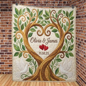 May include: A quilted wall hanging featuring a tree design with a heart-shaped center. The tree has brown bark, green leaves, and the names "Olivia & James" are embroidered within the heart. Two red hearts and the date "11.08.25" are also included. Two white doves are at the bottom.