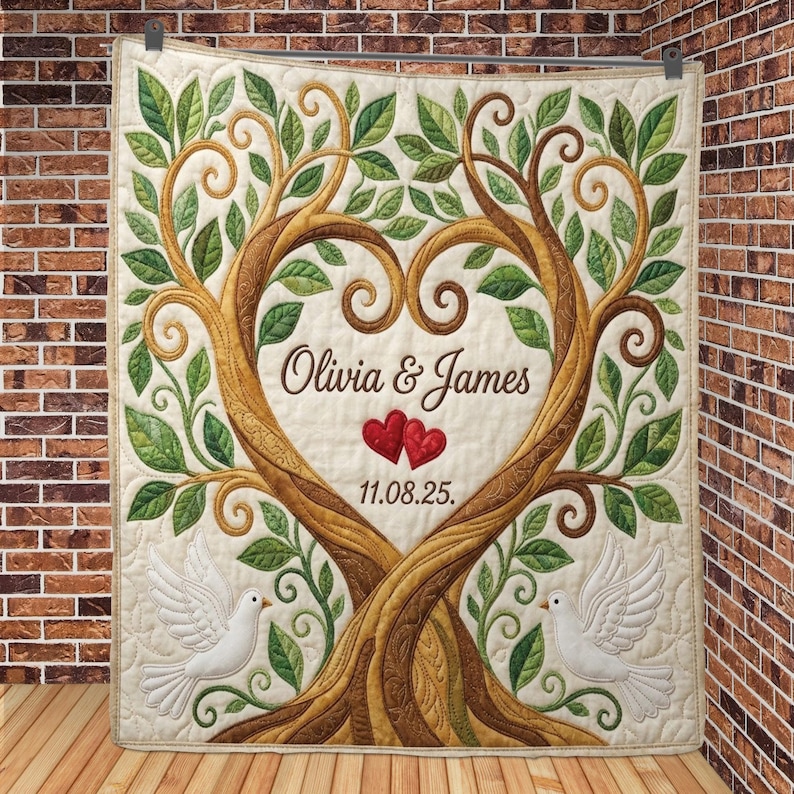 May include: A quilted wall hanging featuring a tree design with a heart-shaped center. The tree has brown bark, green leaves, and the names "Olivia & James" are embroidered within the heart. Two red hearts and the date "11.08.25" are also included. Two white doves are at the bottom.