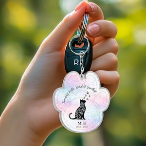 Cat Memorial Keychain, Custom Pet Paw Print Keyring with Name and Dates, Pet Loss Remembrance Gift, Custom Sympathy Gift for Cat Lovers
