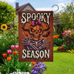 Spooky Season Halloween Garden Flag | Pumpkin Skeleton Outdoor Decor | Gothic Fall Yard Sign