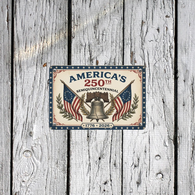 May include: A rectangular sign with the text "America's 250th Semiquincentennial" and the years 1776-2026. The sign features the Liberty Bell, American flags, and a decorative border. The sign is set against a white, weathered wood background.