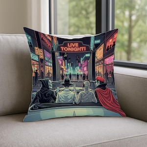 Retro Halloween Monster City Pillow: Gothic Horror Car Ride Cushion
